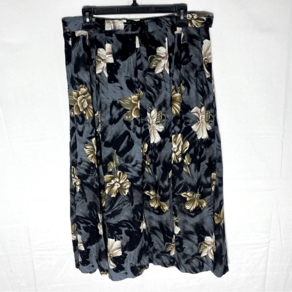 SOLD-Vintage Functionals Black Tan Floral Pleated Midi Skirt XL